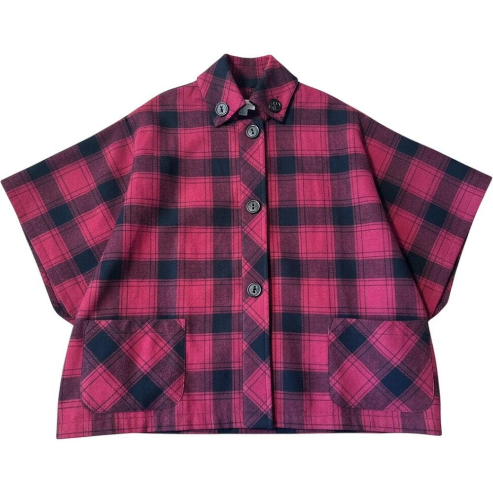Coldwater Creek Cape Jacket Large Red Black Buffalo Plaid Button Front Cabincore